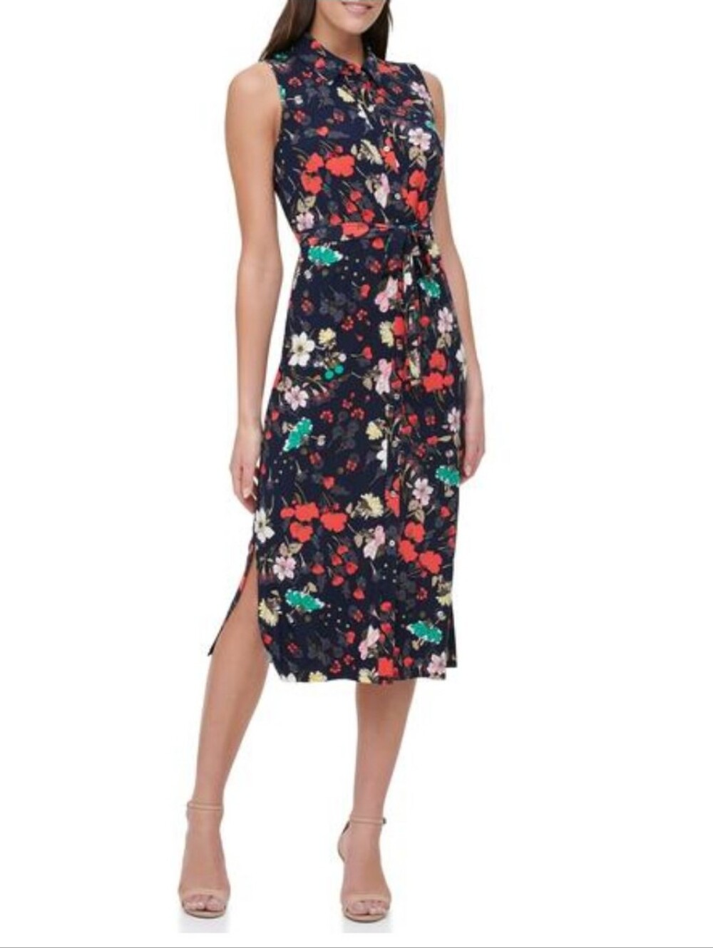 Tommy Hilfiger Navy Blue Floral Midi Shirt Dress Size 4